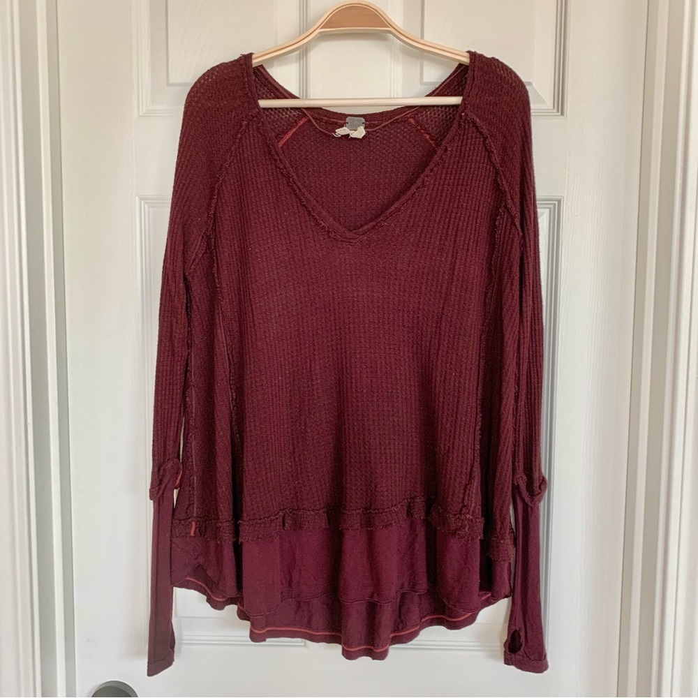 โฅ๏ธ FP Maroon Red Laguna Thermal Waffle Knit Long-Sleeve Tunic Top w/ Thumbholes - Picture 10 of 16